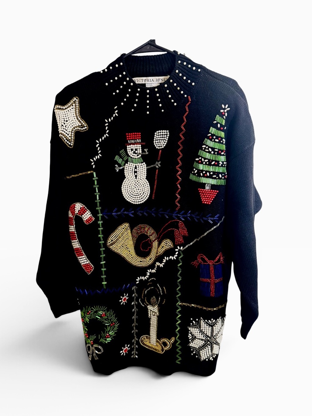 Victoria Jones Woman Black Festive Embellished Turtleneck Christmas Sweater Sz M